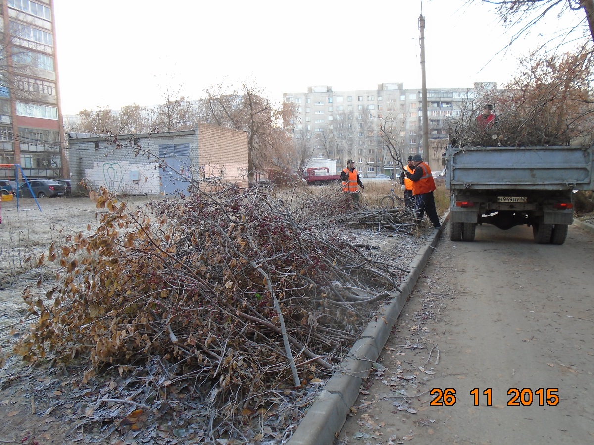 На улице Новаторов произведена обрезка деревьев и кустарников 26.11.2015