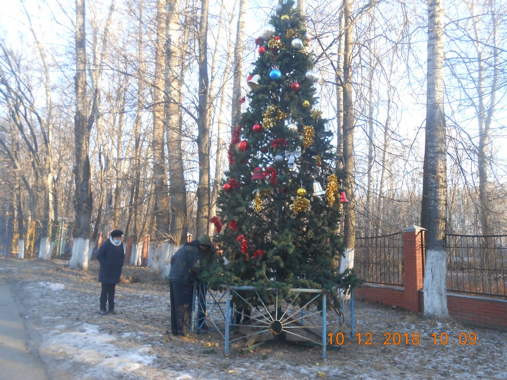 В Октябрьском районе продолжаются работы по украшению Новогодних елей